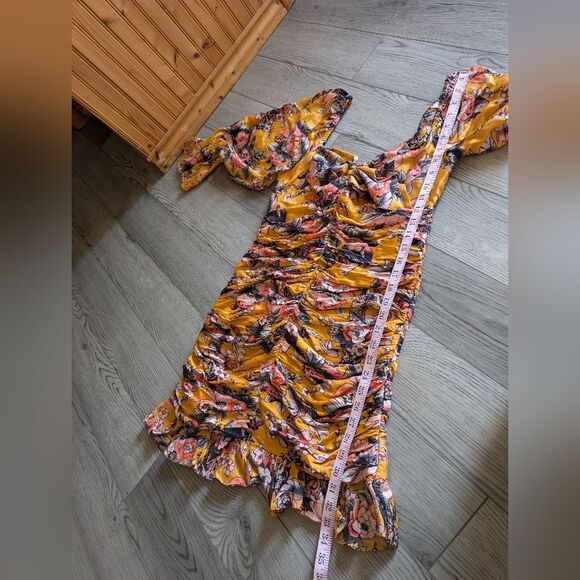 Anthropologie Ranna Gill Ruched Floral Minu Ruffle Yellow Puff Sleeve Size M - Picture 5 of 11